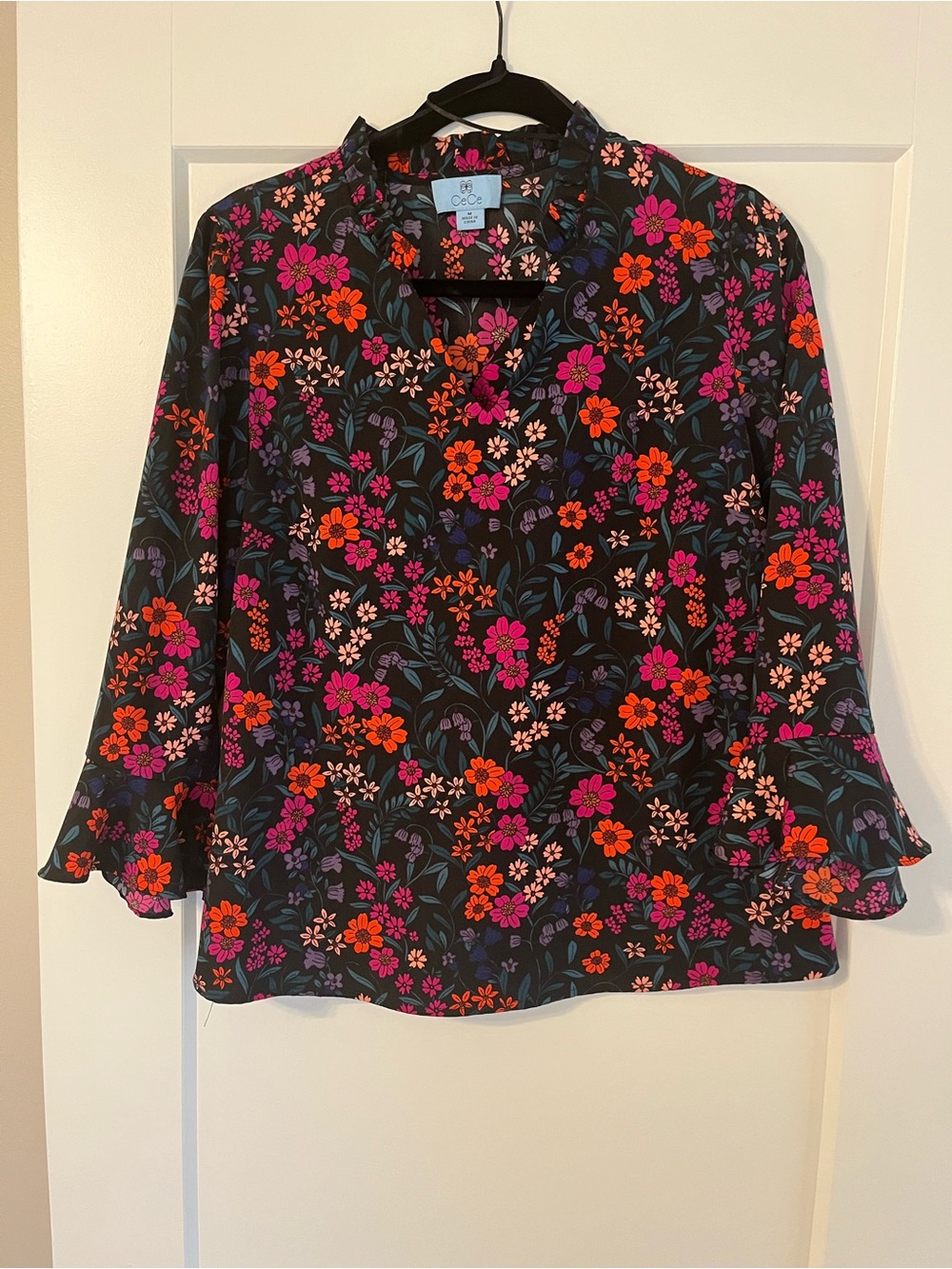 CeCe Black Floral V-Neck Blouse with Vibrant Pink and Orange Flowers